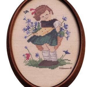 Vintage Hummel Cross Stich Oval Picture Wall Hanging 7.5" x 5.75"
